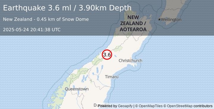 Earthquake SOUTH ISLAND OF NEW ZEALAND (3.6 ml) (2025-05-24 20:41:38 UTC)