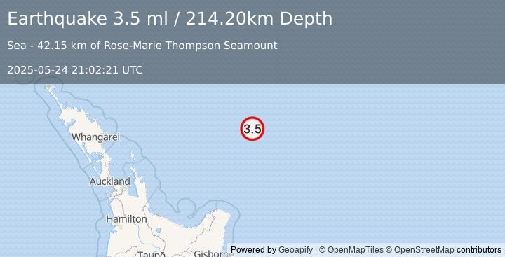 Earthquake OFF E. COAST OF N. ISLAND, N.Z. (3.5 ml) (2025-05-24 21:02:21 UTC)