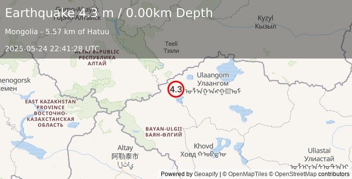 Earthquake WESTERN MONGOLIA (4.3 m) (2025-05-24 22:41:28 UTC)