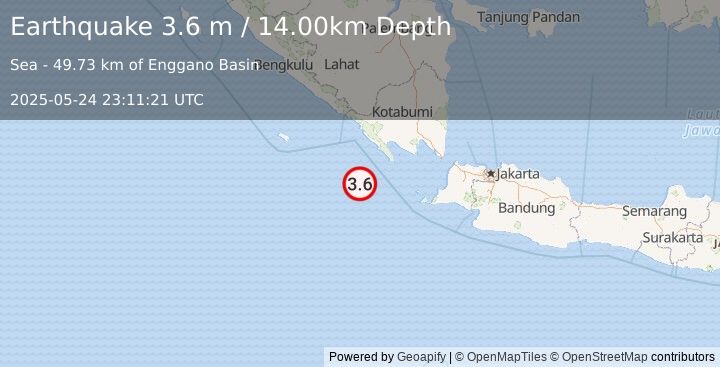 Earthquake SOUTHWEST OF SUMATRA, INDONESIA (3.6 m) (2025-05-24 23:11:21 UTC)