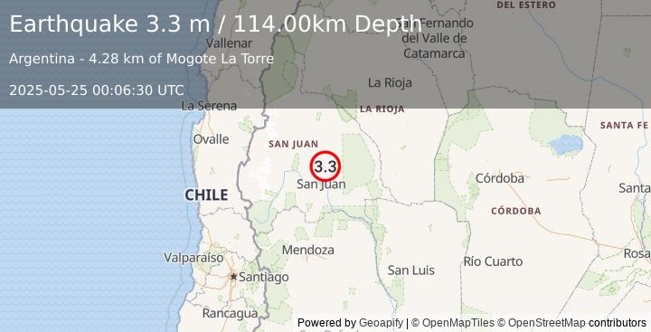 Earthquake SAN JUAN, ARGENTINA (3.3 m) (2025-05-25 00:06:30 UTC)