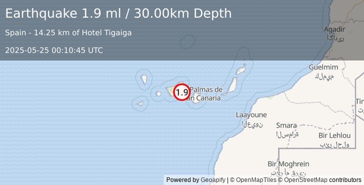 Earthquake CANARY ISLANDS, SPAIN REGION (1.9 ml) (2025-05-25 00:10:45 UTC)