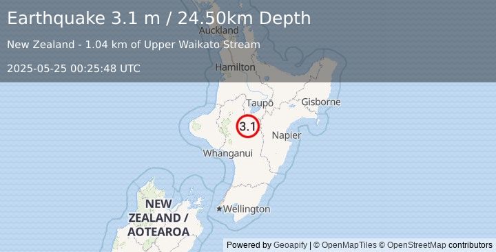 Earthquake NORTH ISLAND OF NEW ZEALAND (3.1 m) (2025-05-25 00:25:48 UTC)
