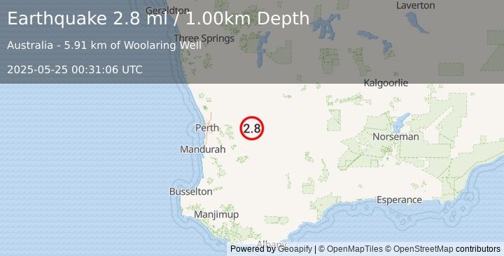 Earthquake WESTERN AUSTRALIA (2.8 ml) (2025-05-25 00:31:06 UTC)