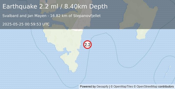 Earthquake SVALBARD REGION (2.2 ml) (2025-05-25 00:59:53 UTC)