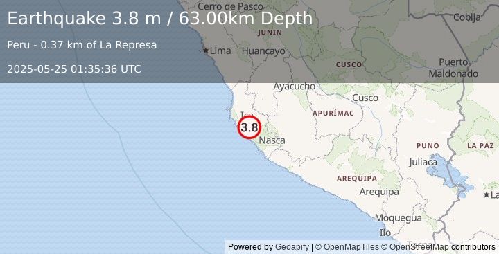 Earthquake NEAR COAST OF CENTRAL PERU (3.8 m) (2025-05-25 01:35:36 UTC)
