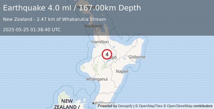 Earthquake NORTH ISLAND OF NEW ZEALAND (4.0 ml) (2025-05-25 01:38:40 UTC)