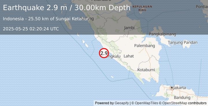 Earthquake SOUTHERN SUMATRA, INDONESIA (2.9 m) (2025-05-25 02:20:24 UTC)