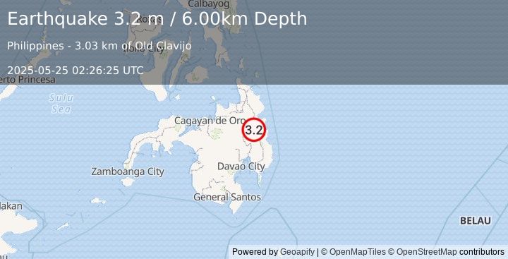 Earthquake MINDANAO, PHILIPPINES (3.2 m) (2025-05-25 02:26:25 UTC)