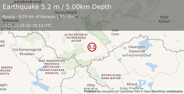 Earthquake SOUTHWESTERN SIBERIA, RUSSIA (5.0 mb) (2025-05-25 02:35:14 UTC)