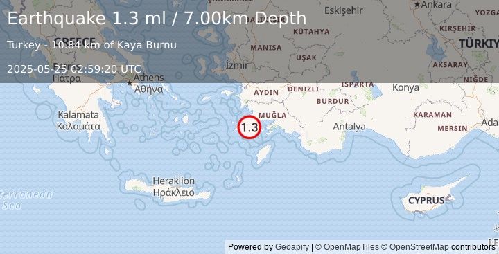 Earthquake DODECANESE IS.-TURKEY BORDER REG (1.3 ml) (2025-05-25 02:59:20 UTC)