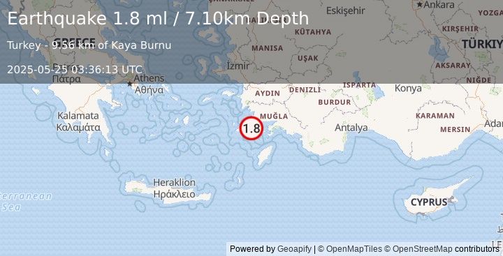 Earthquake DODECANESE IS.-TURKEY BORDER REG (1.8 ml) (2025-05-25 03:36:13 UTC)