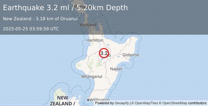 Earthquake NORTH ISLAND OF NEW ZEALAND (3.2 ml) (2025-05-25 03:59:59 UTC)