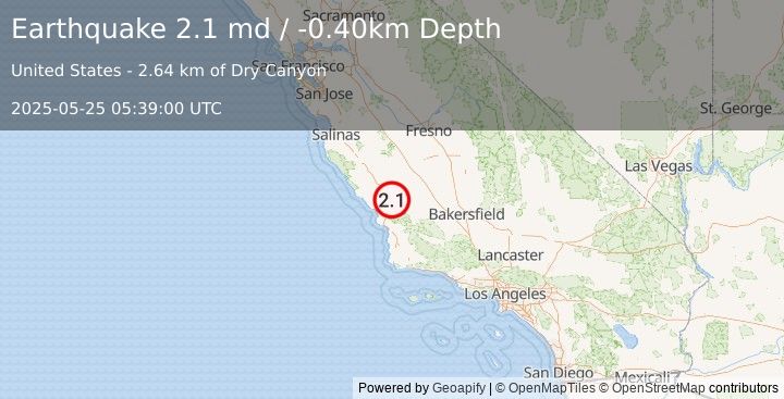 Earthquake CENTRAL CALIFORNIA (2.1 md) (2025-05-25 05:39:00 UTC)