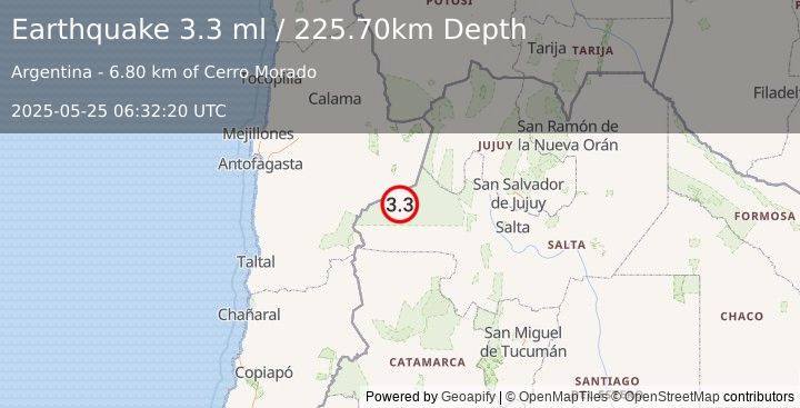 Earthquake SALTA, ARGENTINA (3.3 ml) (2025-05-25 06:32:20 UTC)