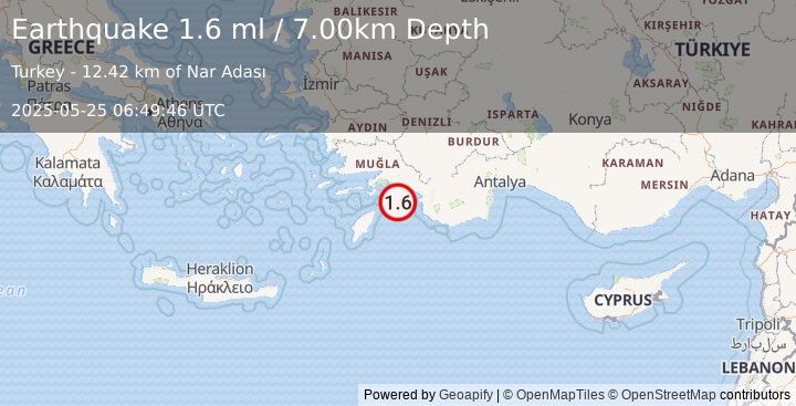 Earthquake DODECANESE IS.-TURKEY BORDER REG (1.6 ml) (2025-05-25 06:49:46 UTC)