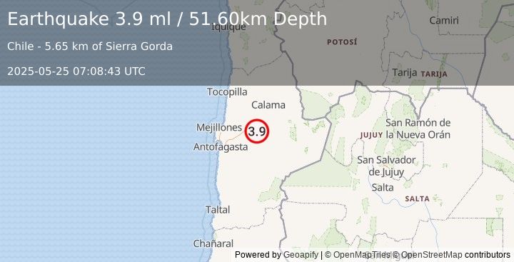 Earthquake ANTOFAGASTA, CHILE (3.7 ml) (2025-05-25 07:08:40 UTC)