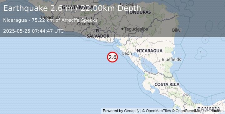 Earthquake NEAR COAST OF NICARAGUA (2.6 m) (2025-05-25 07:44:47 UTC)