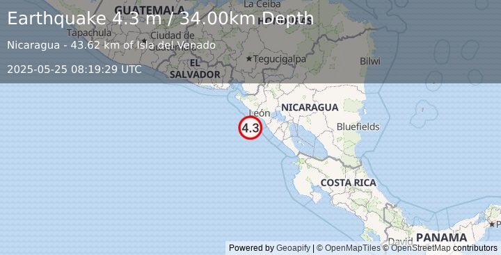 Earthquake NEAR COAST OF NICARAGUA (4.3 m) (2025-05-25 08:19:29 UTC)