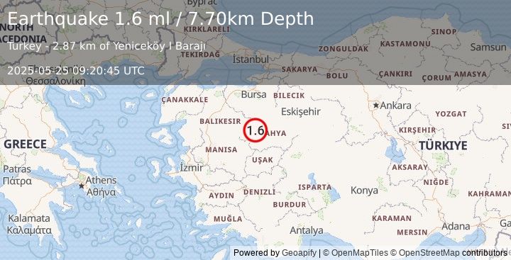 Earthquake WESTERN TURKEY (1.6 ml) (2025-05-25 09:20:45 UTC)