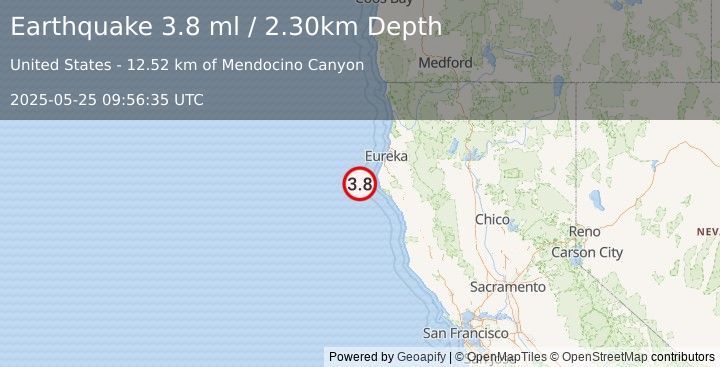 Earthquake OFFSHORE NORTHERN CALIFORNIA (3.8 mw) (2025-05-25 09:56:35 UTC)