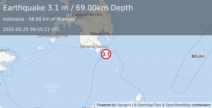 Earthquake MINDANAO, PHILIPPINES (3.1 m) (2025-05-25 09:55:11 UTC)
