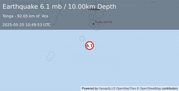 Earthquake TONGA REGION (6.0 mw) (2025-05-25 10:49:53 UTC)