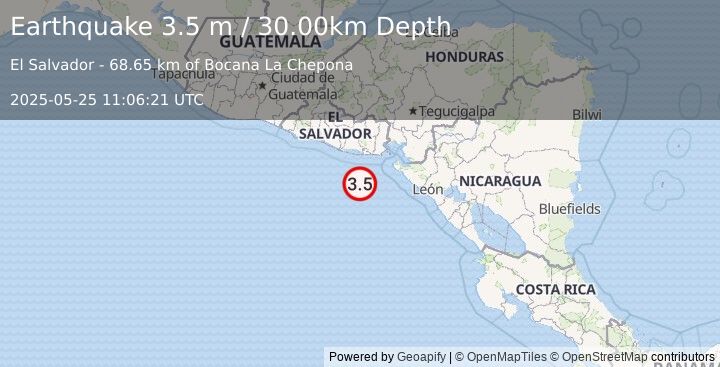 Earthquake OFFSHORE EL SALVADOR (3.5 m) (2025-05-25 11:06:21 UTC)