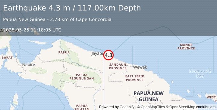 Earthquake NEAR N COAST OF NEW GUINEA, PNG. (4.3 m) (2025-05-25 11:18:05 UTC)