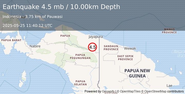 Earthquake PAPUA, INDONESIA (4.5 mb) (2025-05-25 11:40:12 UTC)