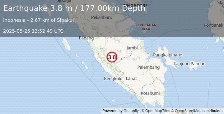 Earthquake SOUTHERN SUMATRA, INDONESIA (3.8 m) (2025-05-25 13:52:49 UTC)