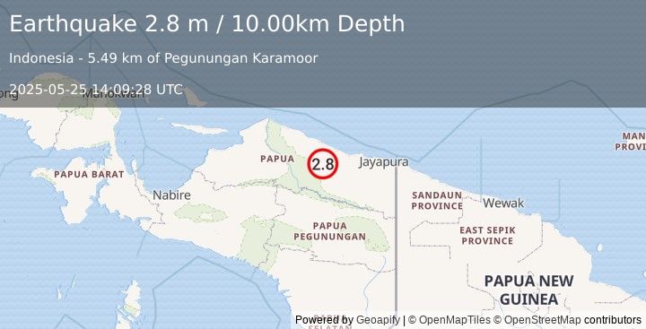 Earthquake NEAR N COAST OF PAPUA, INDONESIA (2.8 m) (2025-05-25 14:09:28 UTC)