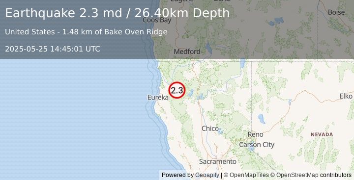 Earthquake NORTHERN CALIFORNIA (2.3 md) (2025-05-25 14:45:01 UTC)
