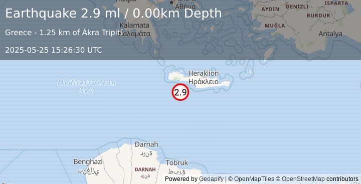 Earthquake CRETE, GREECE (2.9 ml) (2025-05-25 15:26:30 UTC)