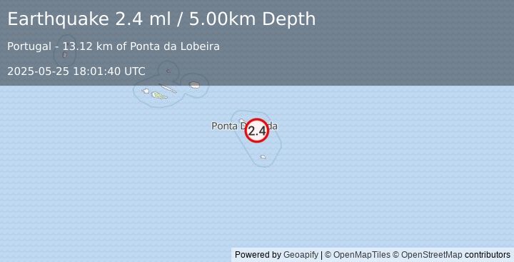 Earthquake AZORES ISLANDS, PORTUGAL (2.4 ml) (2025-05-25 18:01:40 UTC)