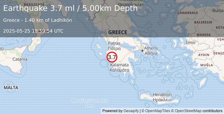 Earthquake SOUTHERN GREECE (3.7 ml) (2025-05-25 18:59:54 UTC)