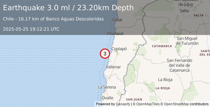 Earthquake OFFSHORE ATACAMA, CHILE (3.0 ml) (2025-05-25 19:12:21 UTC)