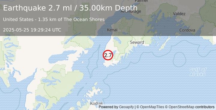 Earthquake KENAI PENINSULA, ALASKA (2.7 ml) (2025-05-25 19:29:24 UTC)
