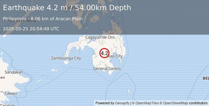 Earthquake MINDANAO, PHILIPPINES (4.2 m) (2025-05-25 20:54:49 UTC)