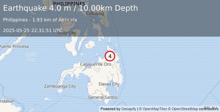 Earthquake MINDANAO, PHILIPPINES (4.0 m) (2025-05-25 22:31:51 UTC)