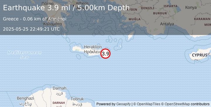 Earthquake CRETE, GREECE (3.9 ml) (2025-05-25 22:49:16 UTC)