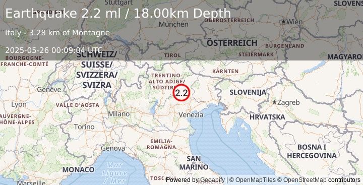 Earthquake NORTHERN ITALY (2.2 ml) (2025-05-26 00:09:04 UTC)
