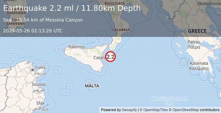 Earthquake SICILY, ITALY (2.2 ml) (2025-05-26 02:13:26 UTC)