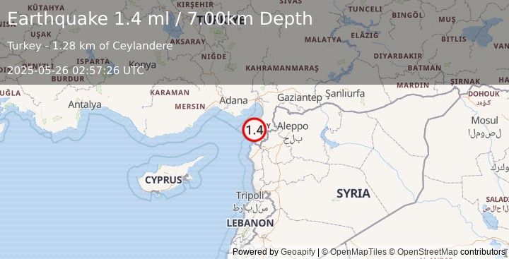 Earthquake CENTRAL TURKEY (1.4 ml) (2025-05-26 02:57:26 UTC)