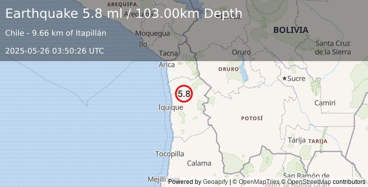 Earthquake TARAPACA, CHILE (5.8 ml) (2025-05-26 03:50:25 UTC)