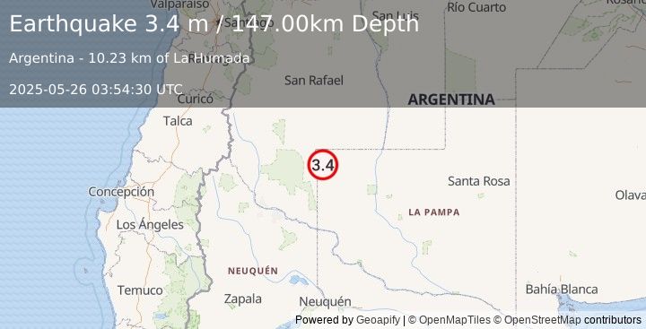 Earthquake LA PAMPA, ARGENTINA (3.4 m) (2025-05-26 03:54:30 UTC)