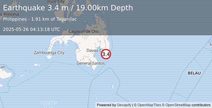Earthquake MINDANAO, PHILIPPINES (3.4 m) (2025-05-26 04:13:18 UTC)