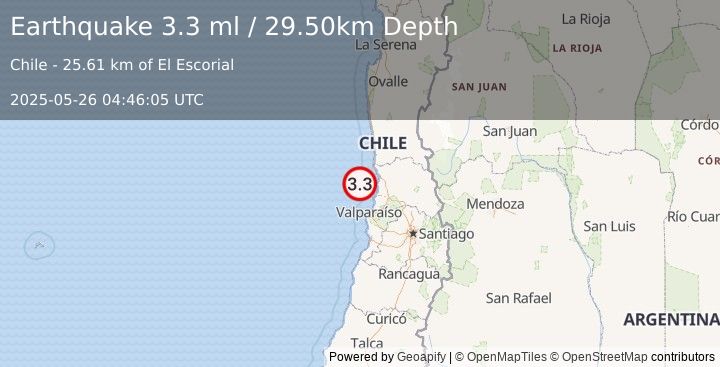 Earthquake OFFSHORE VALPARAISO, CHILE (3.3 ml) (2025-05-26 04:46:05 UTC)