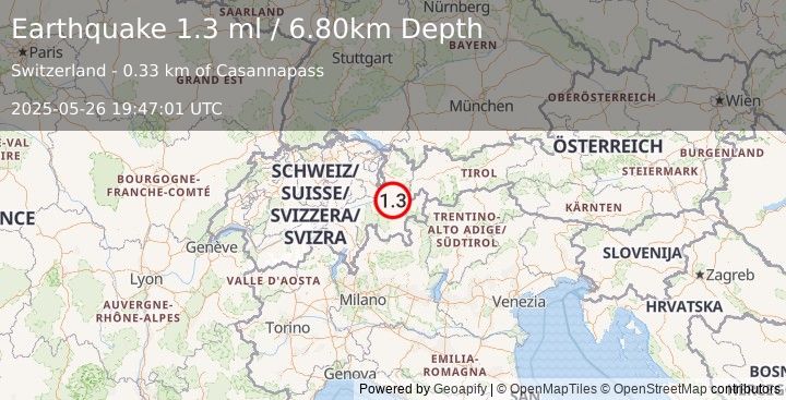 Earthquake SWITZERLAND (1.3 ml) (2025-05-26 19:47:01 UTC)