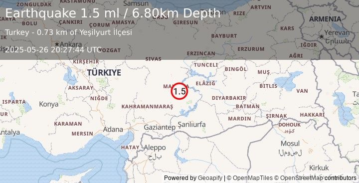 Earthquake EASTERN TURKEY (1.5 ml) (2025-05-26 20:27:44 UTC)